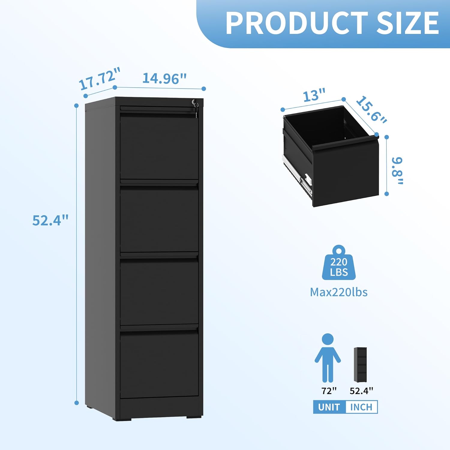 AQY - Archivador vertical de 4 cajones con cerradura, archivador vertical de metal para oficina en casa, archivadores de 18 pulgadas de profundidad para colgar carpetas legales o tamaño carta,