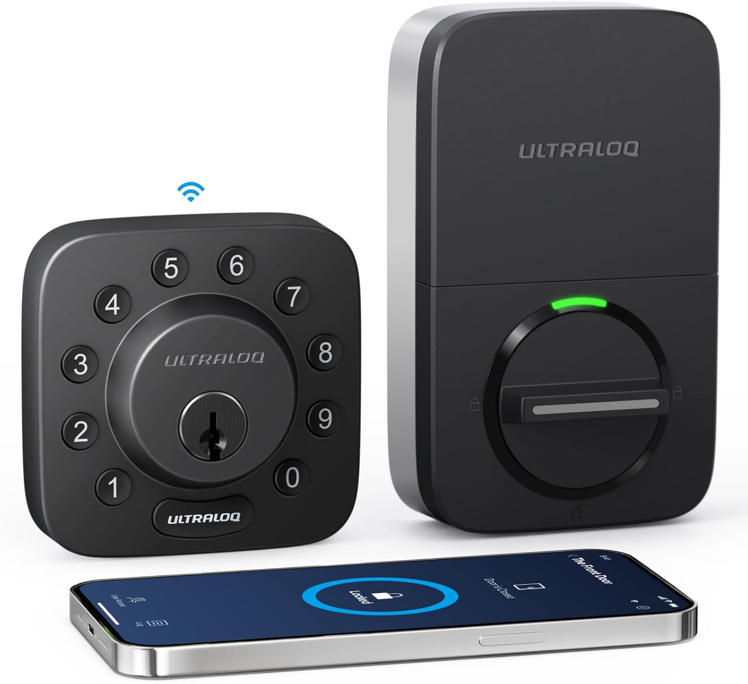 ULTRALOQ U-Bolt 5 en 1 Cerradura de puerta de entrada sin llave con smartphone, Bluetooth, teclado, desbloqueo automático, cerradura de puerta inteligente, cerrojo inteligente, cerradura de puerta delantera, certificado ANSI grado 1, color negro