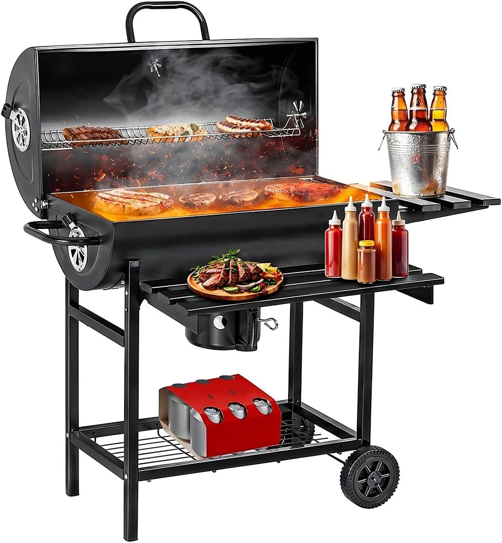 Raganet, Parrilla Asador de Carbón con Cenicero, Termómetro, Ruedas, Amplia Superficie de Cocción y Material Resistente, Ideal para Jardín y Terraza