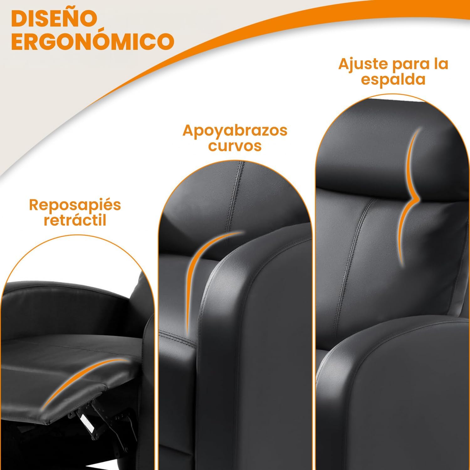 FABATO Sillon Individual - Sillon Reclinable Adultos Tipo Cine 8 Modos de Masaje con Soporte Lumbar, Reposapiés Retráctil y 3 Posiciones - Tu Sofa Adulto de Cuero Ideal para tu casa (Negro)