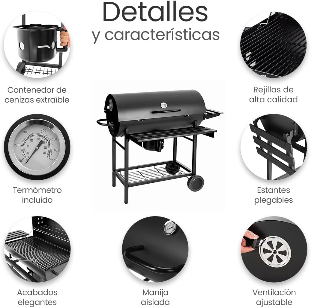 Raganet, Parrilla Asador de Carbón con Cenicero, Termómetro, Ruedas, Amplia Superficie de Cocción y Material Resistente, Ideal para Jardín y Terraza