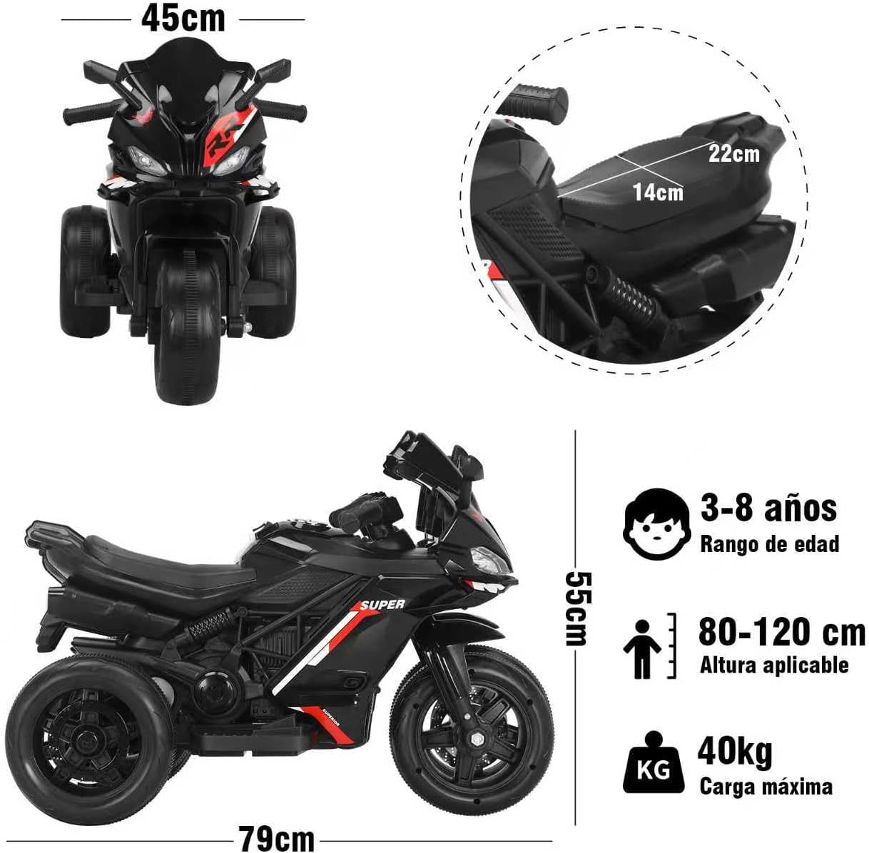 HONEYWHALE 6688 Moto Electrica Infantil Niño, Carro Electrico Niño Montable con Luz Led y Musica, Triciclo con Modo de Retroceso, Velocidad Máxima 4KM/H, Autonomía de 45 Minutos