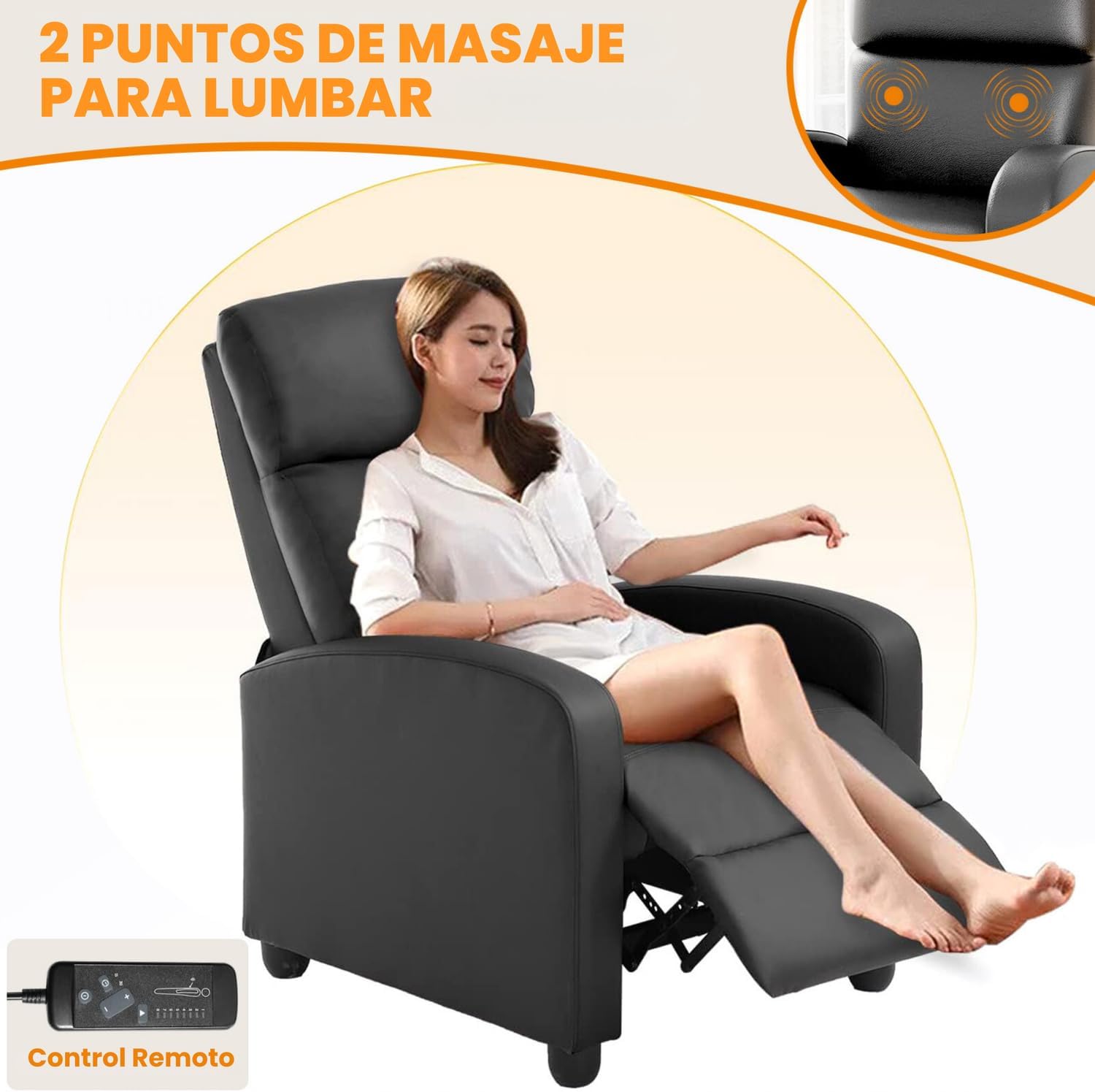 FABATO Sillon Individual - Sillon Reclinable Adultos Tipo Cine 8 Modos de Masaje con Soporte Lumbar, Reposapiés Retráctil y 3 Posiciones - Tu Sofa Adulto de Cuero Ideal para tu casa (Negro)