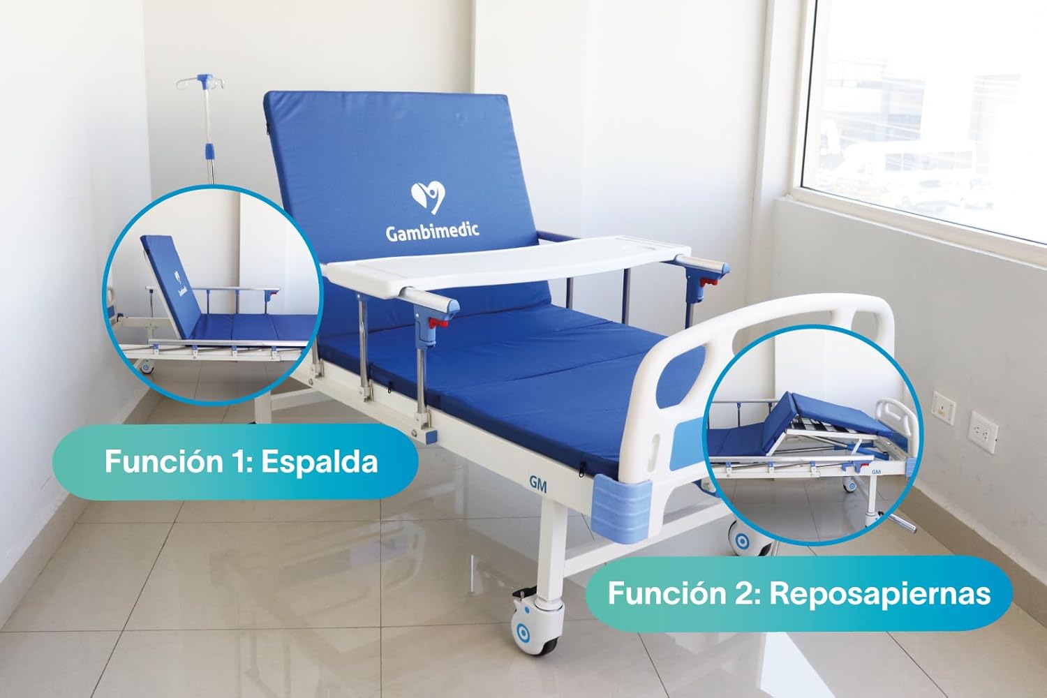 Gambimedic Cama Hospitalaria Manual Dos Manivelas Incluye Colchon Mesa Barandal Y Portasuero Cama De Hospital Reclinable para Casa Y Pacientes