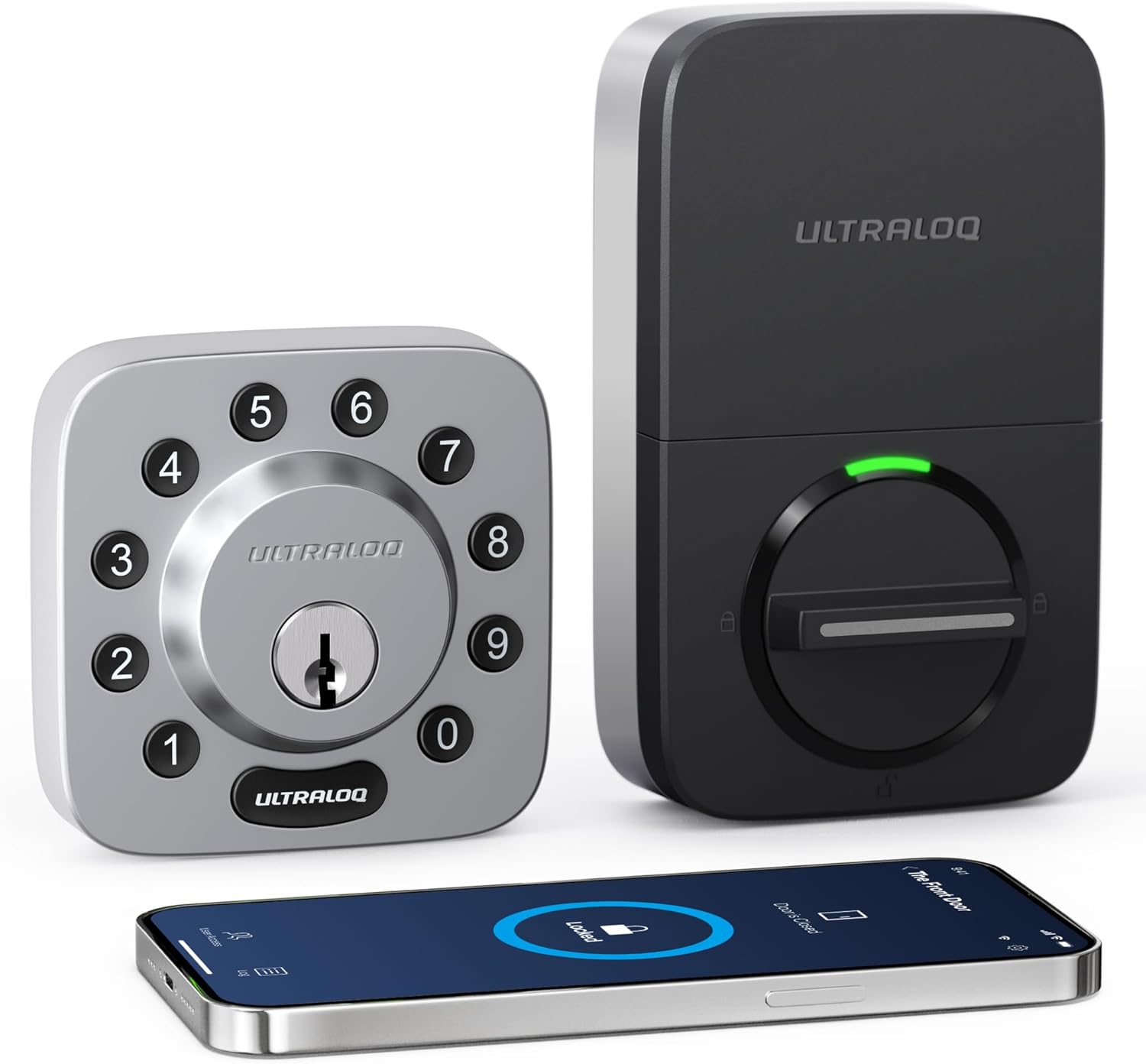 ULTRALOQ U-Bolt 5 en 1 Cerradura de puerta de entrada sin llave con smartphone, Bluetooth, teclado, desbloqueo automático, cerradura de puerta inteligente, cerrojo inteligente, cerradura de puerta delantera, certificado ANSI grado 1, color negro