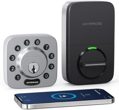 ULTRALOQ U-Bolt 5 en 1 Cerradura de puerta de entrada sin llave con smartphone, Bluetooth, teclado, desbloqueo automático, cerradura de puerta inteligente, cerrojo inteligente, cerradura de puerta delantera, certificado ANSI grado 1, color negro