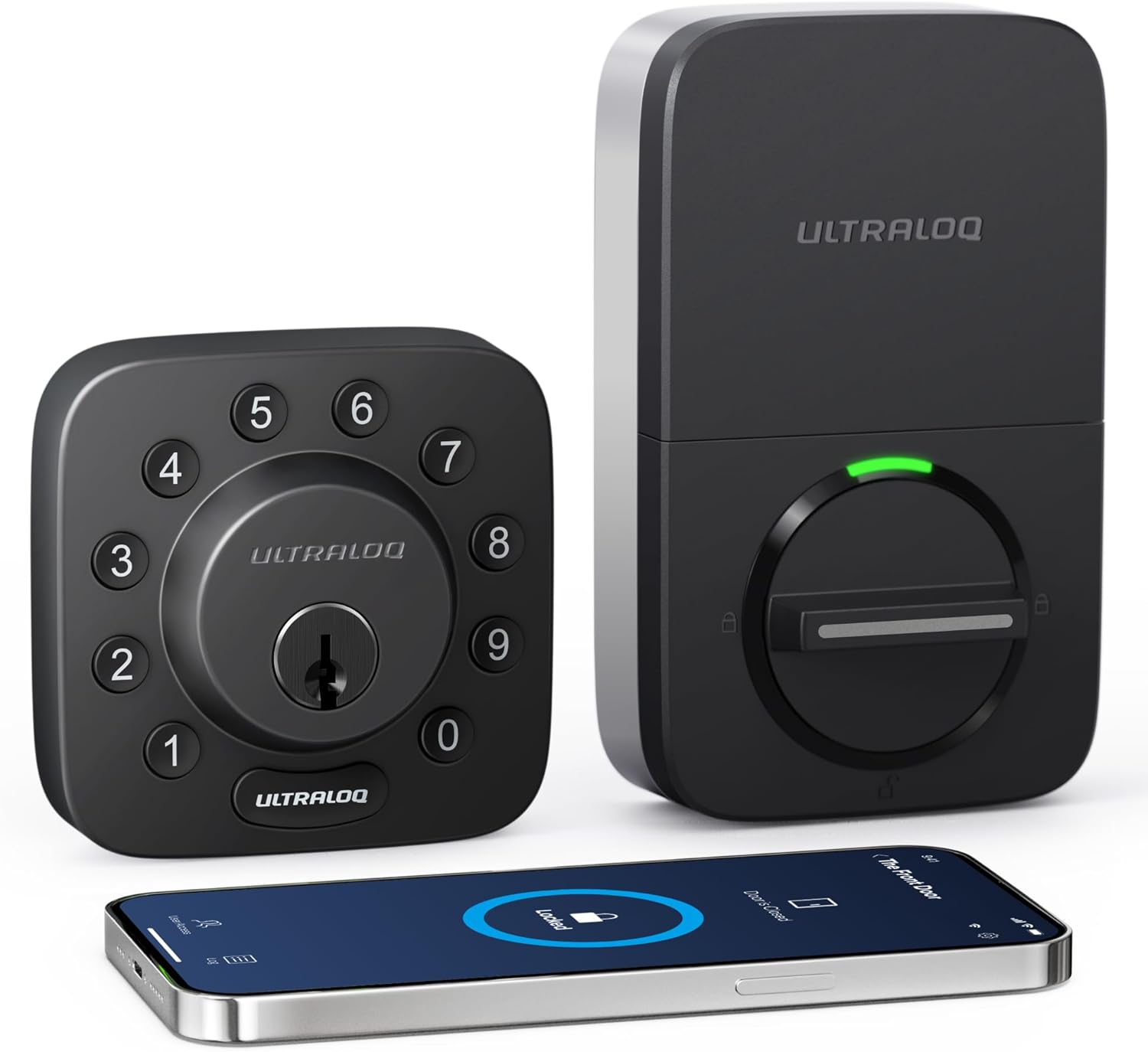 ULTRALOQ U-Bolt 5 en 1 Cerradura de puerta de entrada sin llave con smartphone, Bluetooth, teclado, desbloqueo automático, cerradura de puerta inteligente, cerrojo inteligente, cerradura de puerta delantera, certificado ANSI grado 1, color negro