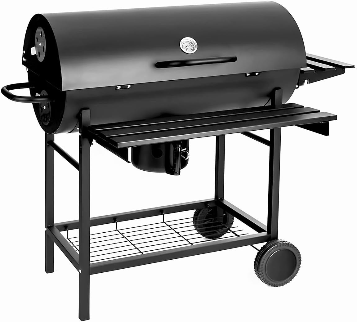 Raganet, Parrilla Asador de Carbón con Cenicero, Termómetro, Ruedas, Amplia Superficie de Cocción y Material Resistente, Ideal para Jardín y Terraza