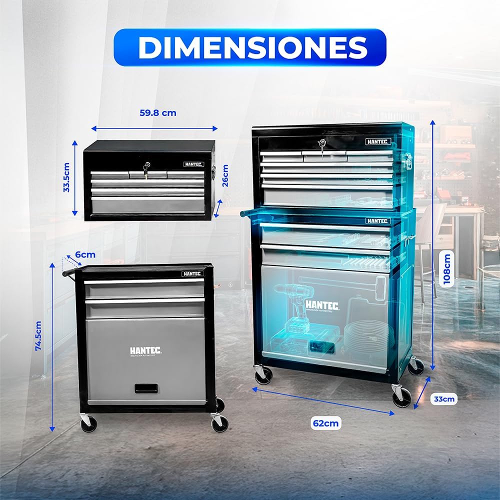 Hantec - Combo Caja de Herramientas y Estante Móvil - 9 Cajones Deslizables, Metal Reforzado con Ruedas y Cerradura - Color Gris