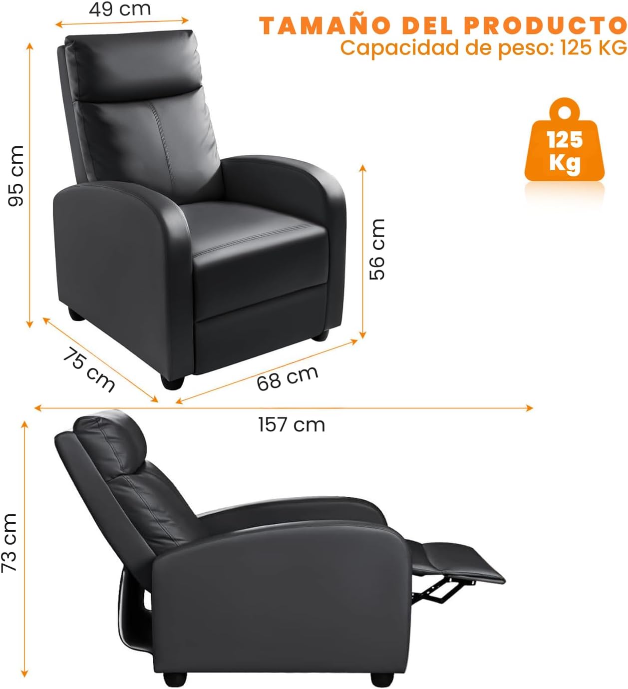 FABATO Sillon Individual - Sillon Reclinable Adultos Tipo Cine 8 Modos de Masaje con Soporte Lumbar, Reposapiés Retráctil y 3 Posiciones - Tu Sofa Adulto de Cuero Ideal para tu casa (Negro)