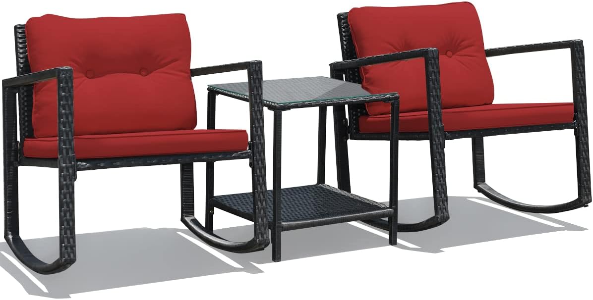 RELAX4LIFE Outdoor Rocking Chair Set, 3-Piece PE Rattan Bistro Set Patio Wicker Conversation Set w/Cushions Table & Storage Shelf, Outdoor Furniture for Garden, Backyard and Poolside (Beige)