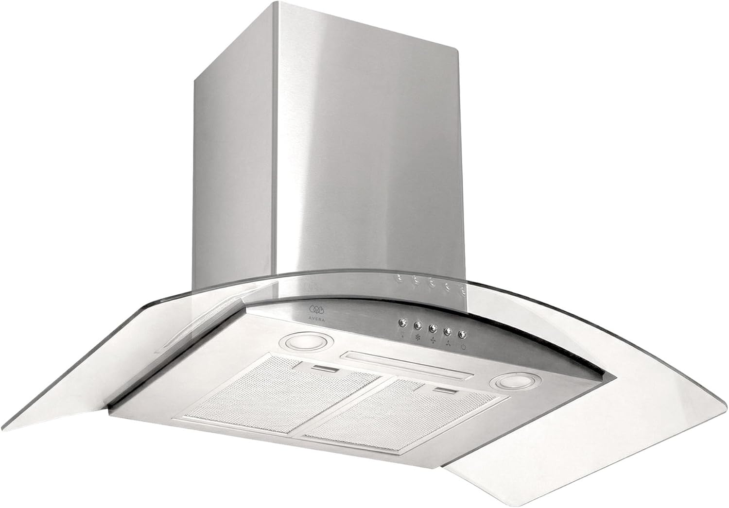 AVERA Campana de cocina 90 cm de pared, 3 velocidades, Luz LED, Filtro de carbón activado, Filtro de malla metálica lavable, Acero inoxidable y vidrio templado, Diseño curvo | CEV90