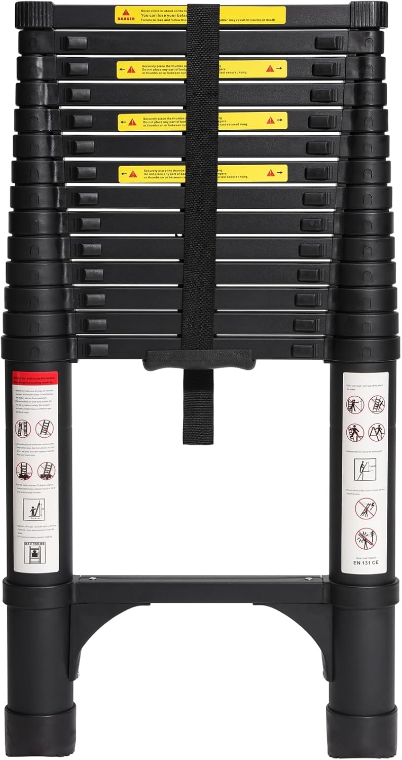 BOCOM Escalera telescópica de Aluminio 14.5 pies, Ligera, Plegable y Multiusos con 2 estabilizadores Triangulares. Capacidad de 330 Libras, Ideal para hogar, Caravana y Trabajo Exterior.