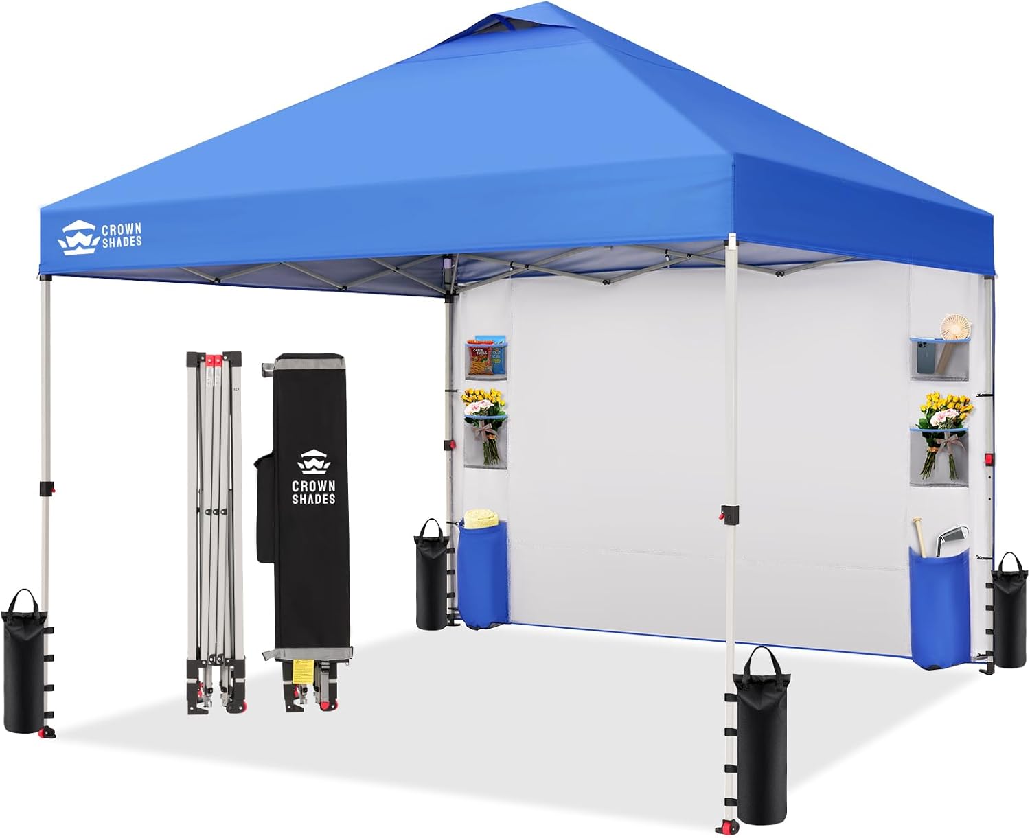Crown Shades Tienda de campaña con toldo, 3 x 3 m, portátil, refugio para exteriores con pared lateral de bolsillo, bloqueo central con empuje, protección ultravioleta, bolsa de transporte, azul