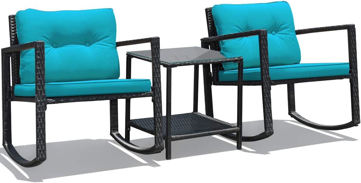RELAX4LIFE Outdoor Rocking Chair Set, 3-Piece PE Rattan Bistro Set Patio Wicker Conversation Set w/Cushions Table & Storage Shelf, Outdoor Furniture for Garden, Backyard and Poolside (Beige)