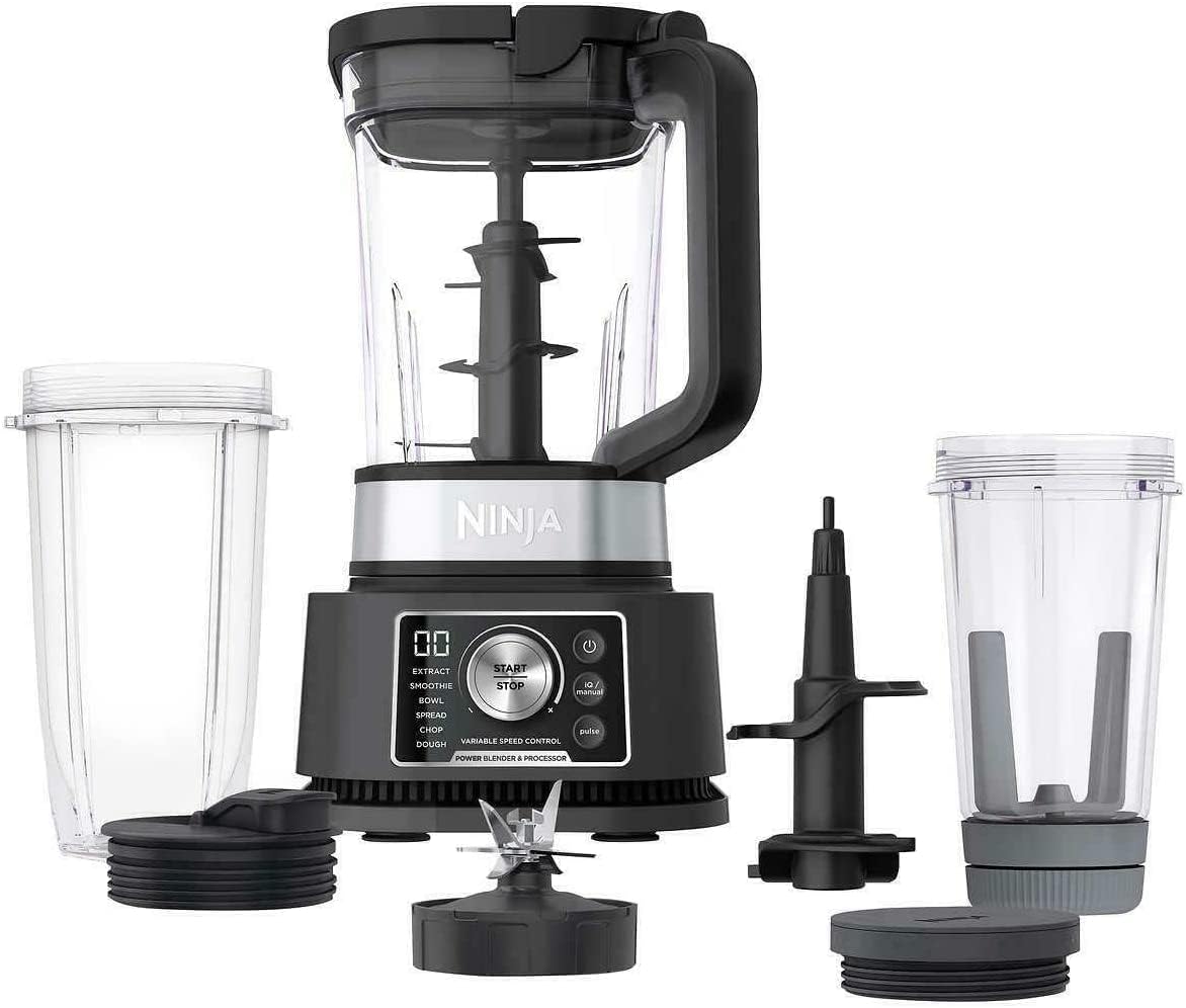 Ninja CO351B SS351 Foodi Potente sistema de licuadora para batidos, 4 en 1 + procesador de alimentos, una sola porción, 1400 WP, smartTORQUE, 6 programas predeterminados Auto-iQ (reacondicionado)