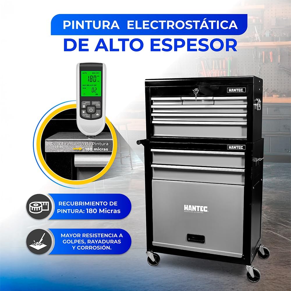 Hantec - Combo Caja de Herramientas y Estante Móvil - 9 Cajones Deslizables, Metal Reforzado con Ruedas y Cerradura - Color Gris