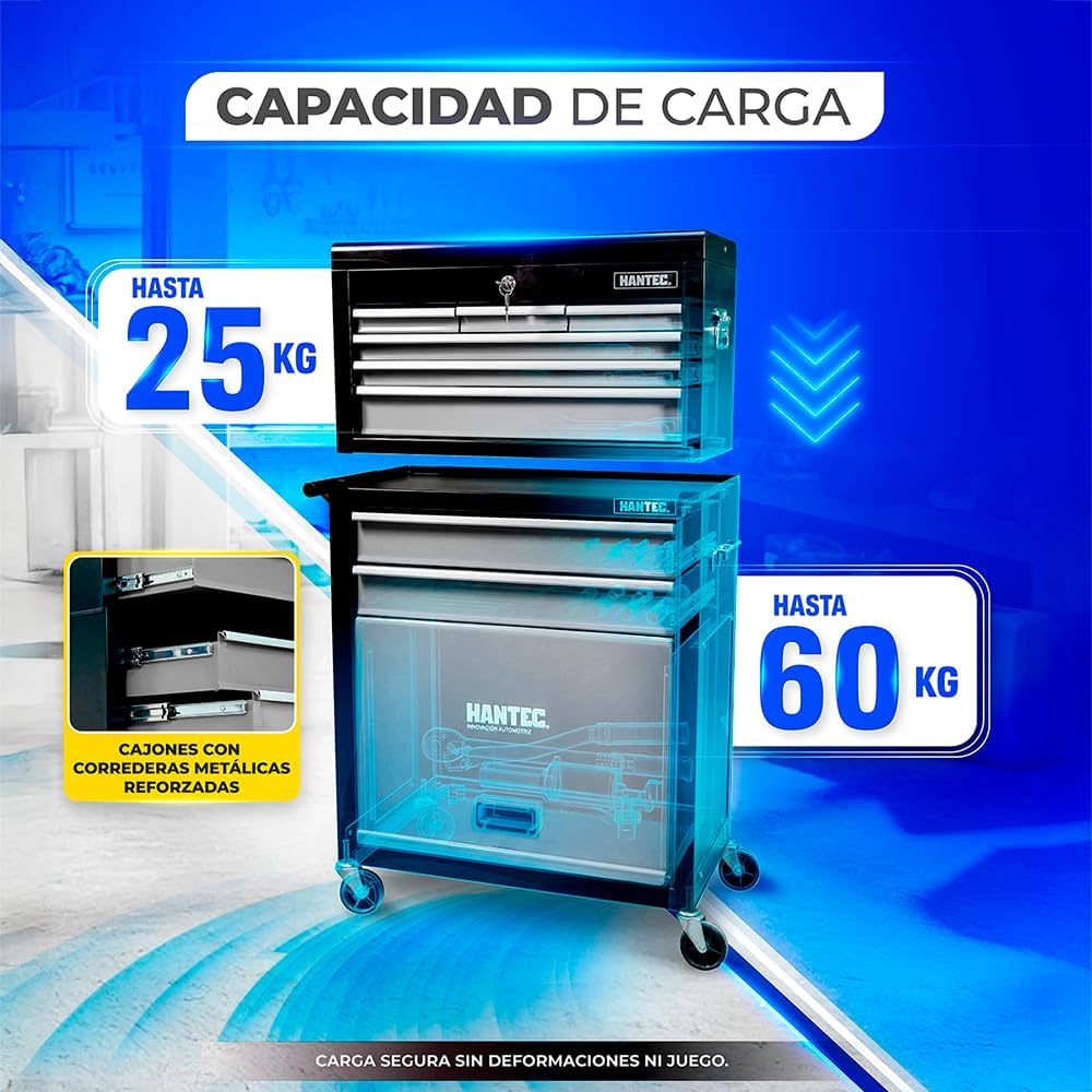 Hantec - Combo Caja de Herramientas y Estante Móvil - 9 Cajones Deslizables, Metal Reforzado con Ruedas y Cerradura - Color Gris