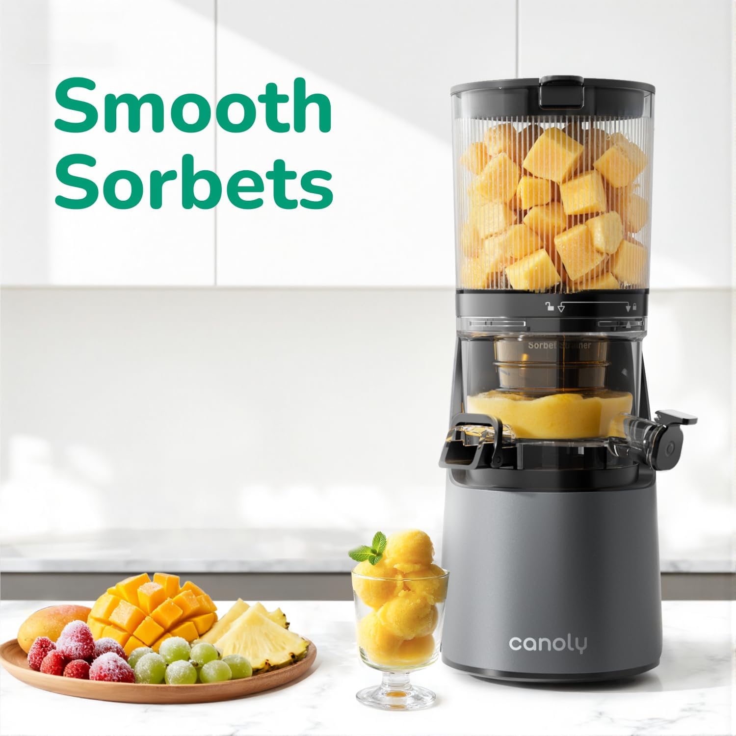Canoly C16 Exprimidor de prensa en frío, canal de alimentación extra ancho de 6 pulgadas, coladores 3 en 1 (jugo y sorbete y leche de nuez), potente motor AC sin escobillas, sistema autoprecortado