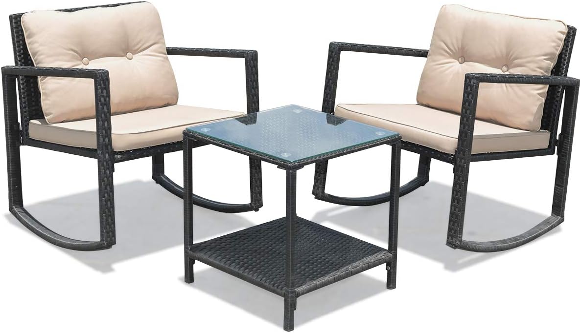RELAX4LIFE Outdoor Rocking Chair Set, 3-Piece PE Rattan Bistro Set Patio Wicker Conversation Set w/Cushions Table & Storage Shelf, Outdoor Furniture for Garden, Backyard and Poolside (Beige)