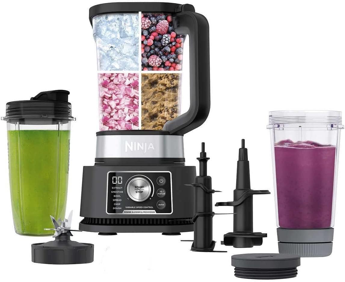 Ninja CO351B SS351 Foodi Potente sistema de licuadora para batidos, 4 en 1 + procesador de alimentos, una sola porción, 1400 WP, smartTORQUE, 6 programas predeterminados Auto-iQ (reacondicionado)