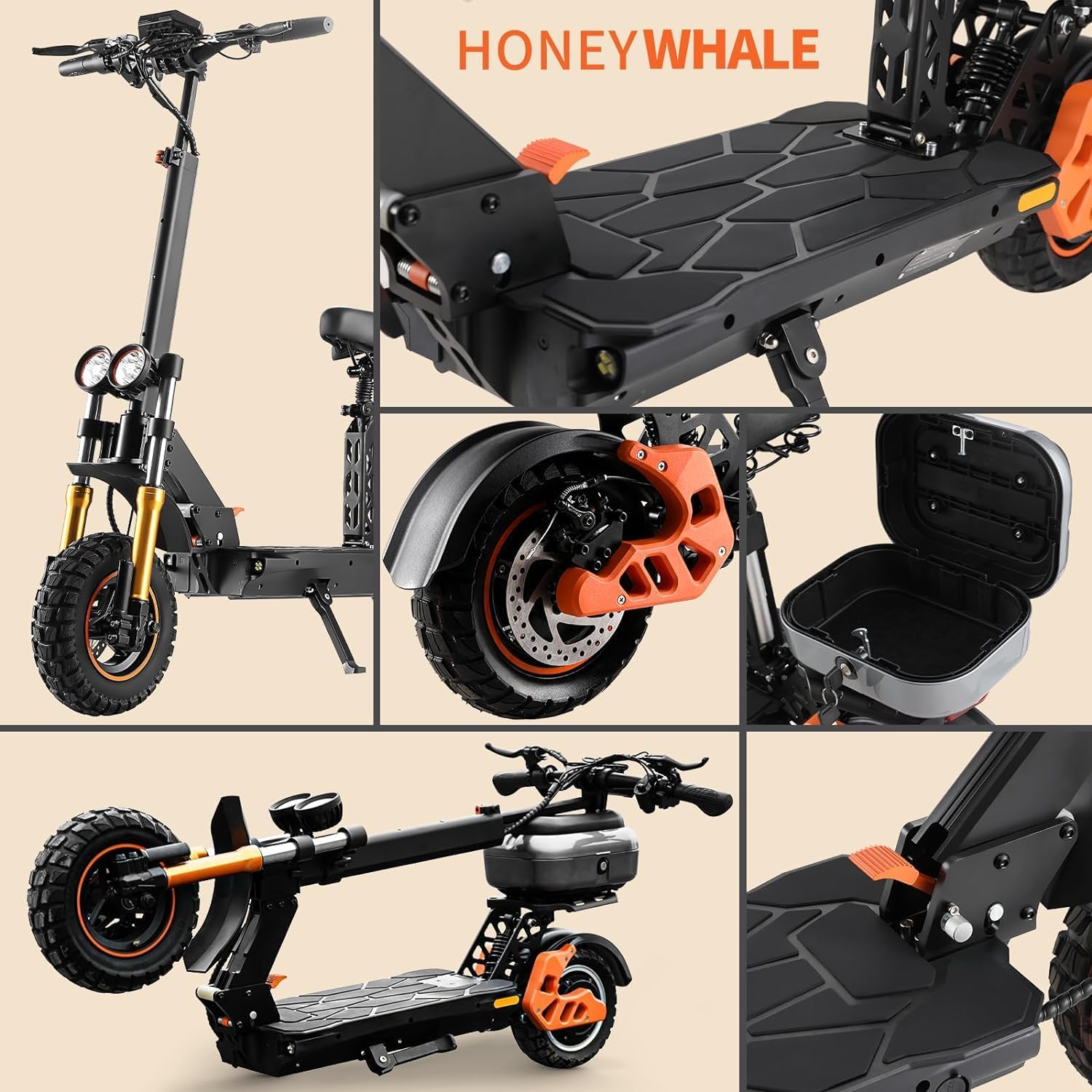 HONEYWHALE H3 Scooter Eléctrico Plegable para Adultos, Patin Electrico con Motor 1000W, Velocidad Máxima 55 km/h, Batería 15AH-Autonomía 60 km, Asiento del Maletero