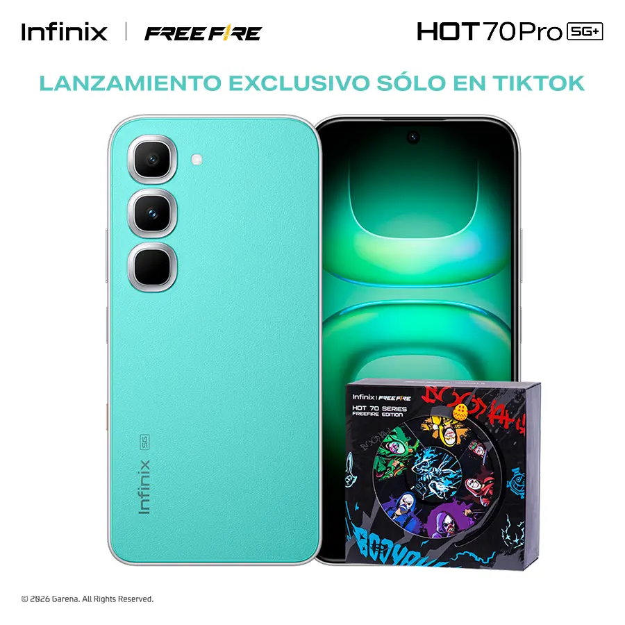 Infinix HOT 70 Pro 5G Edición Free Fire TikTok Exclusiva | 8GB+256GB | Incluye Caja de Regalo | MediaTek Dimensity 7100, AMOLED, 45W, NFC | Negro