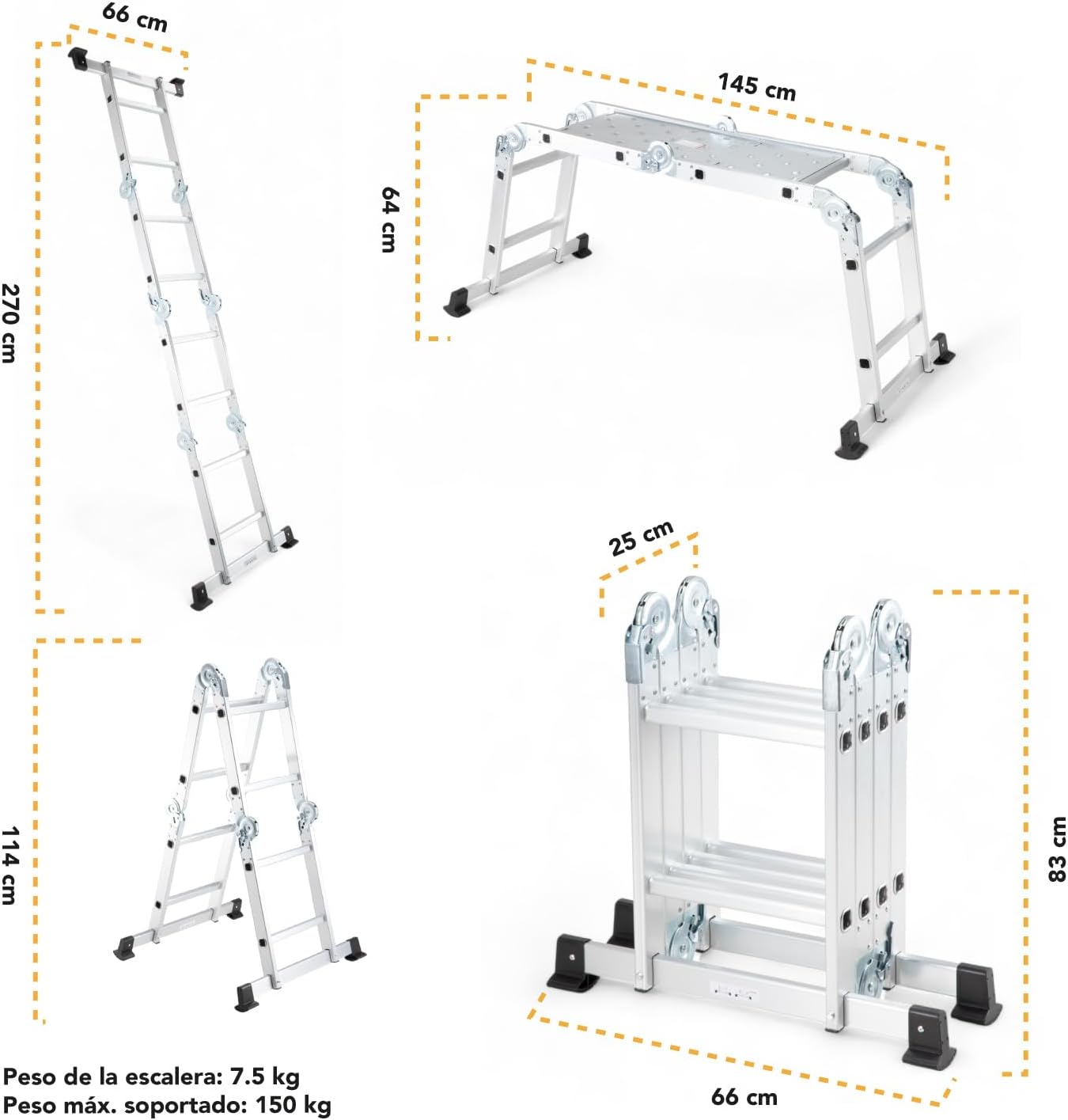 Kingsman | Escalera Multiposiciones 12 Peldaños con Charolas – Soporta hasta 150 kg – Escalera de Aluminio 3.5 MTS – Plegable – Escalera Multipropósito – Tipo Tijera – Andamio – Escalera Recta
