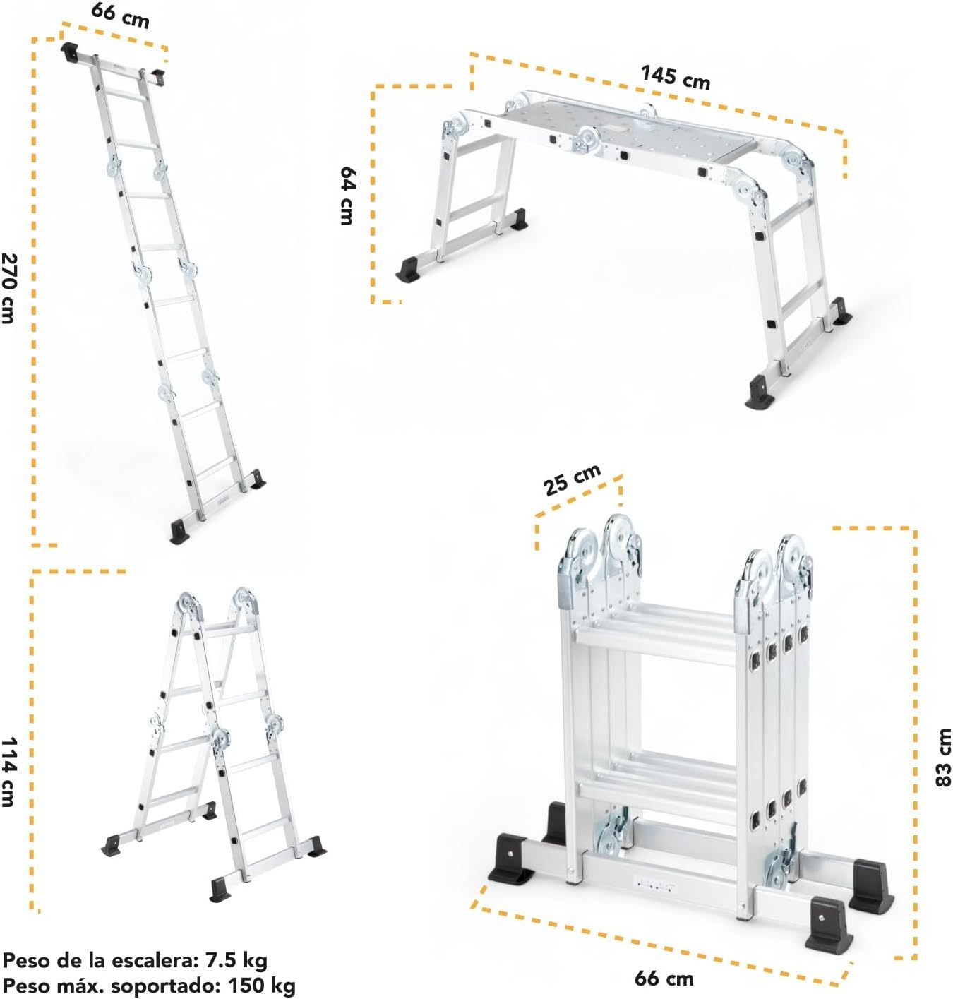 Kingsman | Escalera Multiposiciones 12 Peldaños con Charolas – Soporta hasta 150 kg – Escalera de Aluminio 3.5 MTS – Plegable – Escalera Multipropósito – Tipo Tijera – Andamio – Escalera Recta