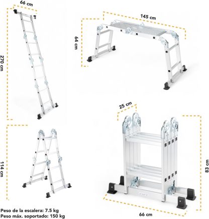Kingsman | Escalera Multiposiciones 12 Peldaños con Charolas – Soporta hasta 150 kg – Escalera de Aluminio 3.5 MTS – Plegable – Escalera Multipropósito – Tipo Tijera – Andamio – Escalera Recta