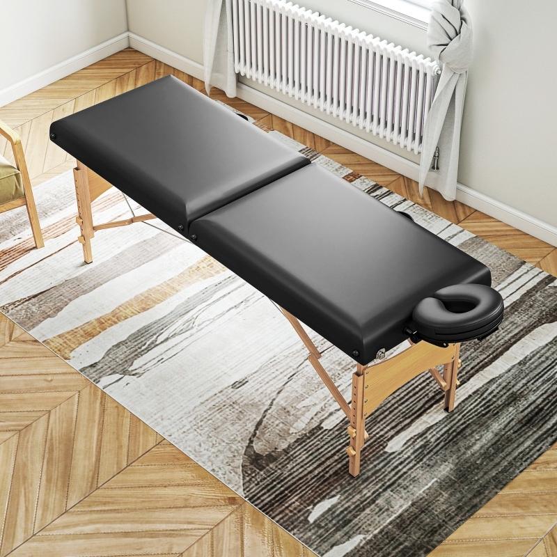Homcom banco de masaje móvil plegable 2 zonas, altura ajustable, 70 cm ancho con reposacabezas y patas de madera, cama para terapia o relajación cosmética negra, Configuración Profesional de Masaje,Mesa de Masaje Portátil,Muebles Ahorradores de Espacio,Di