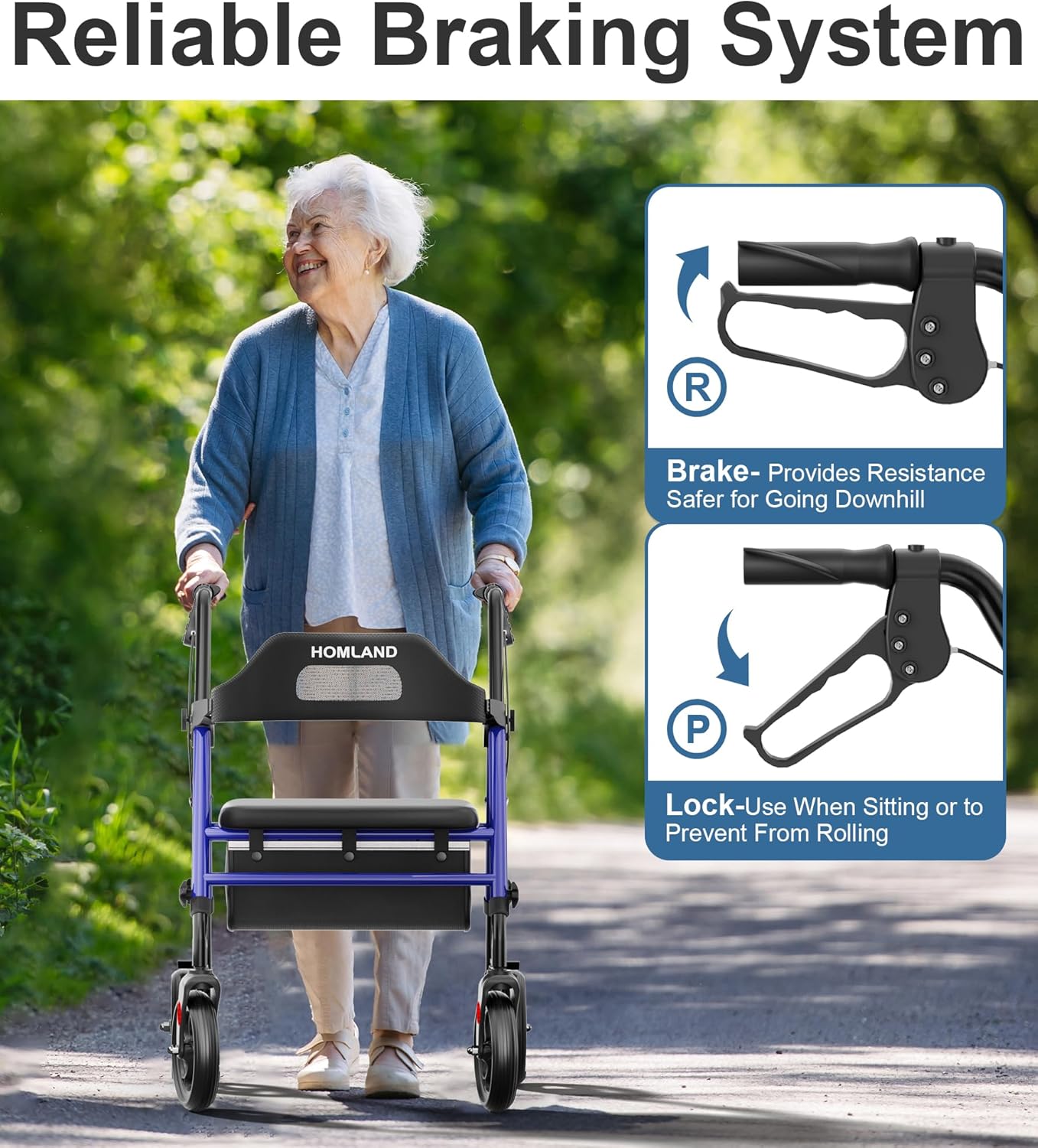 HOMLAND - Caminadores plegables con asiento para personas mayores, ruedas grandes de 8 pulgadas, 350 libras. Capacidad de peso, asas ajustables y altura del asiento, ligero caminante, color azul