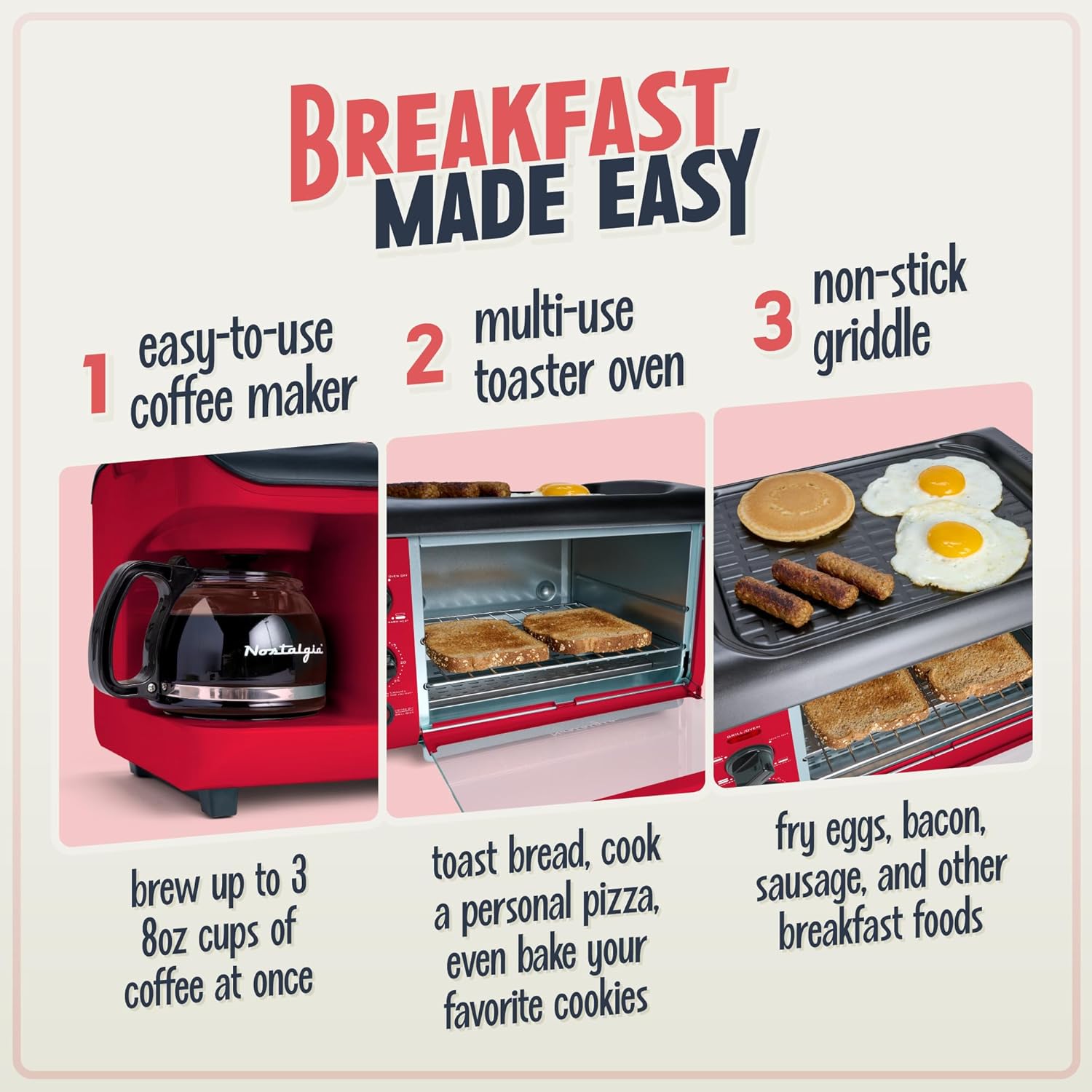 NOSTALGIA BST3RR Retro 3-in-1 Family Size Breakfast Station, Red
