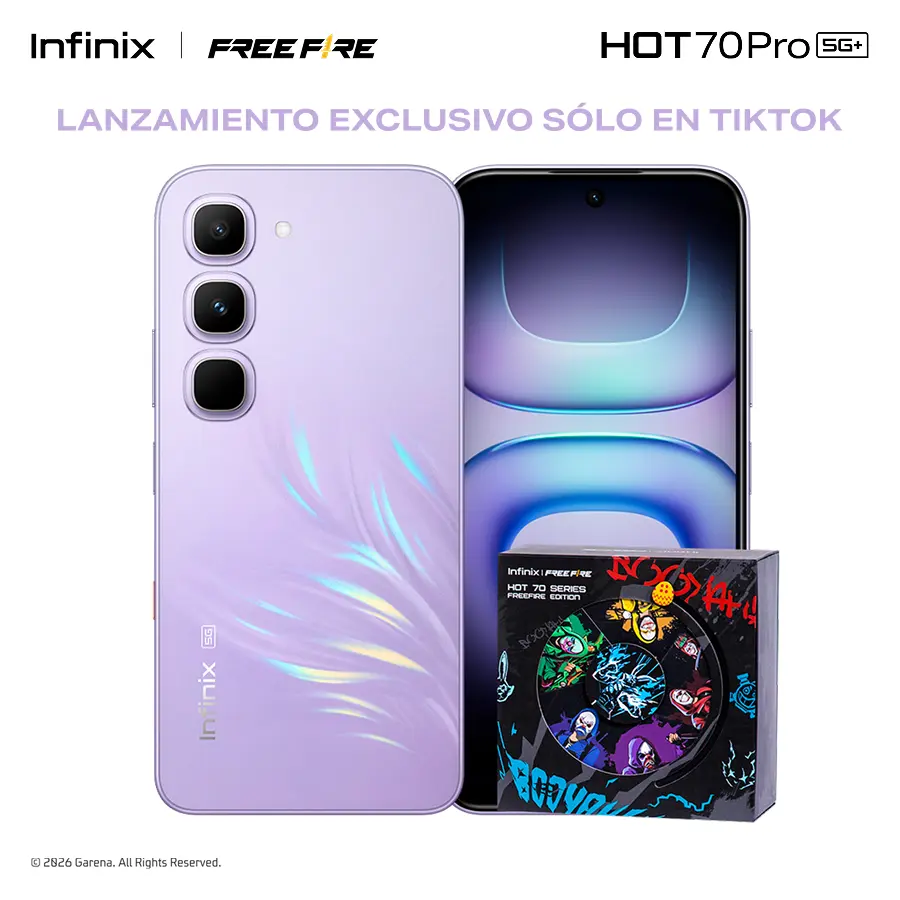 Infinix HOT 70 Pro 5G Edición Free Fire TikTok Exclusiva | 8GB+256GB | Incluye Caja de Regalo | MediaTek Dimensity 7100, AMOLED, 45W, NFC | Negro