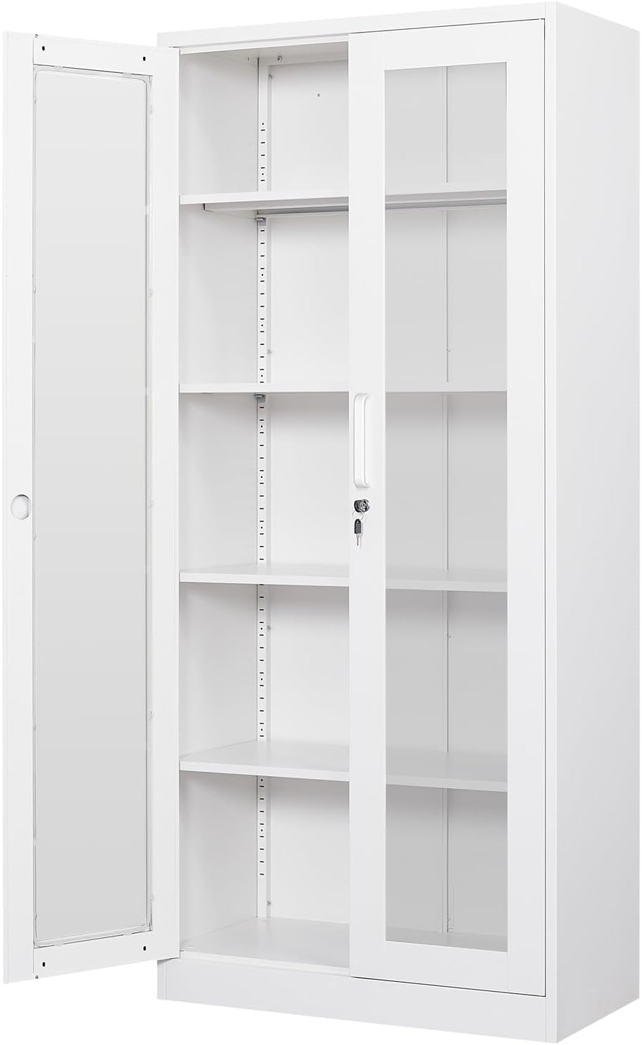 PEUKC - Vitrina con puertas de vidrio, vitrinas con 4 estantes ajustables y cerradura para el hogar, la oficina, la clínica, la despensa, requiere ensamblaje, negro, color madera