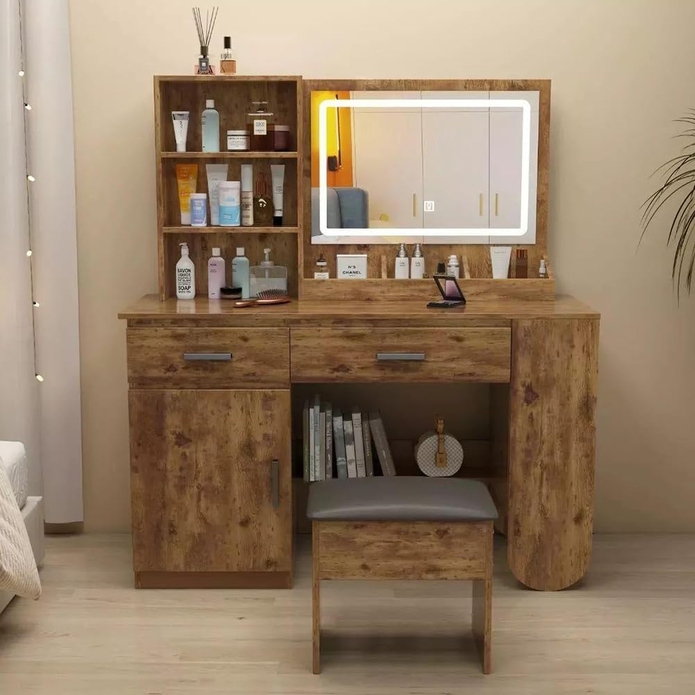 Tocador Vanity de Maquillaje con Espejo,Vanity Tocador con 2 Cajones,Estantes de Almacenamiento,Taburete Acolchado,Tocador con 3 Estantes, Mesa de Maquillaje para Dormitorio 40X100X132CM(Madera)