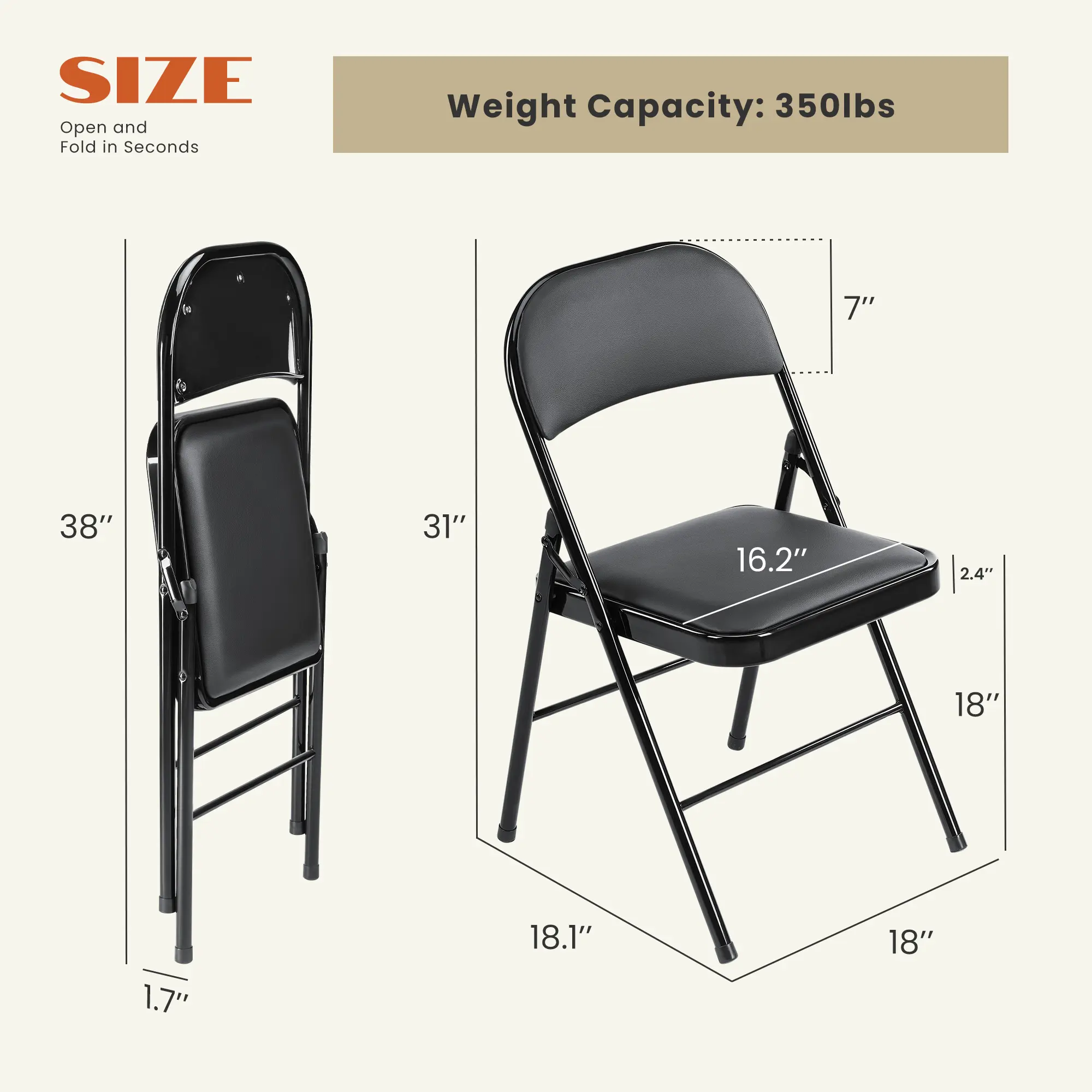 【Paquete económico】 Silla plegable con asiento acolchado en piel, estructura metálica robusta, asiento versátil para uso en interiores y exteriores.