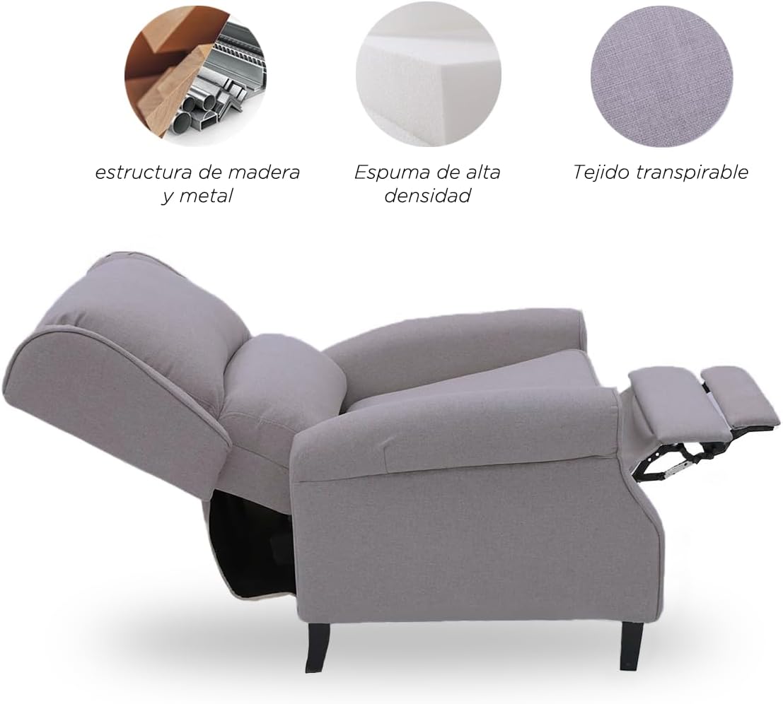 VANLIG | Sillón Reclinable Manual de Tela | Reposet Confortable Individual | Ajustable | Espuma Alta Densidad | Fácil Instalación | Material Premium | Color Gris