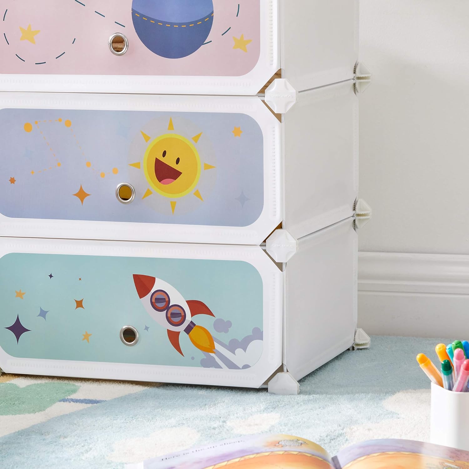 SONGMICS Modular Children's Shelf with 6 Cubes, Children's Shoe Rack, 43 x 31 x 105 cm, Modular Cabinet with Doors, for Clothes, Shoes, Toys, Cloud White MLPC904W01