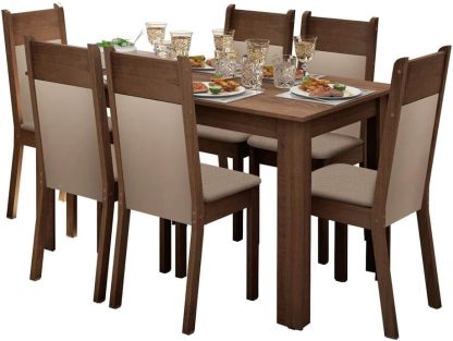 Madesa Juego de Comedor, Mesa con Tablero de Madera y 6 Sillas Jaíne - Marrón/Crema/Beige