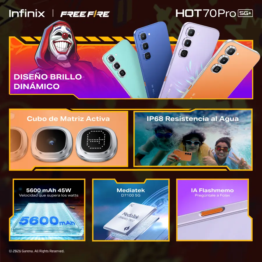Infinix HOT 70 Pro 5G Edición Free Fire TikTok Exclusiva | 8GB+256GB | Incluye Caja de Regalo | MediaTek Dimensity 7100, AMOLED, 45W, NFC | Negro