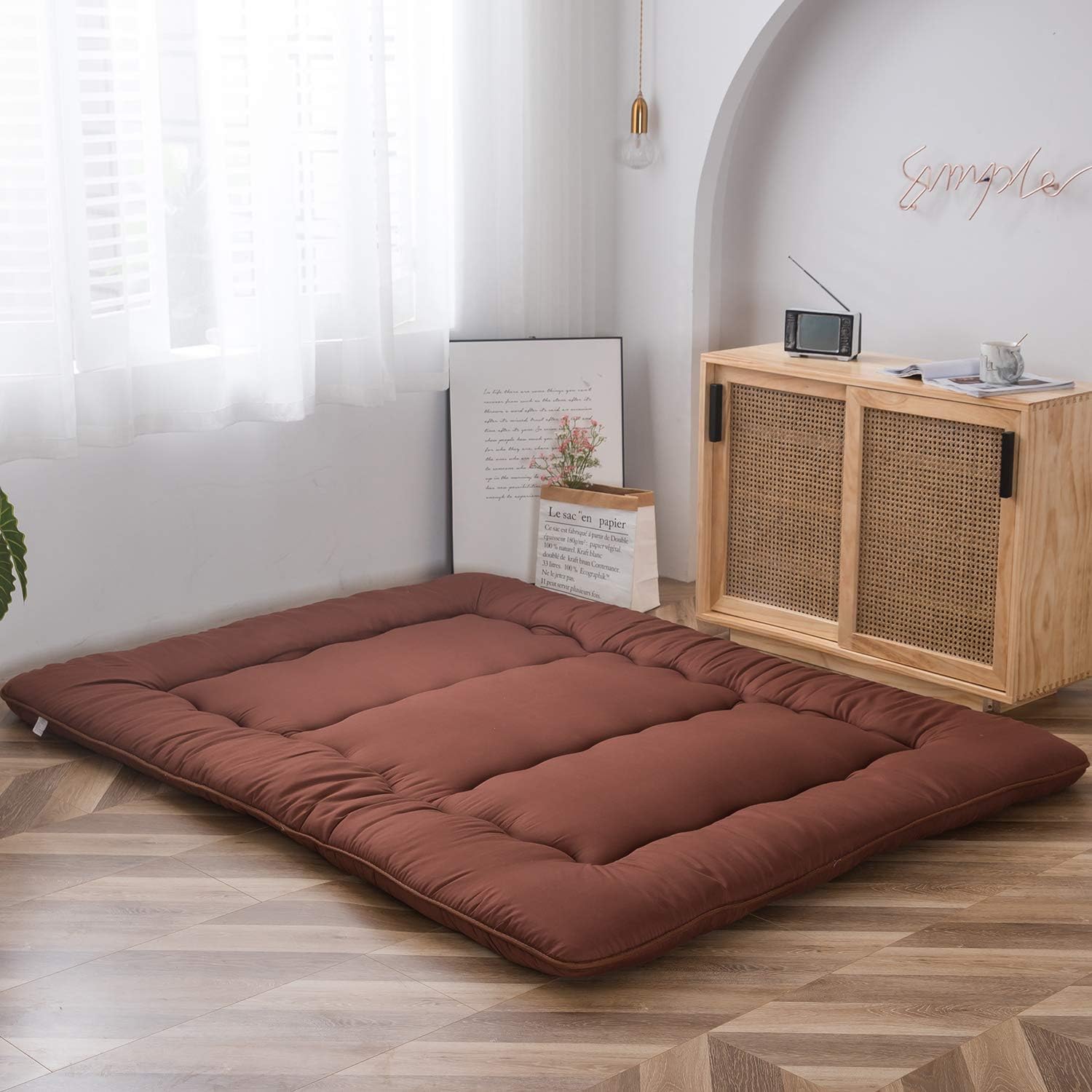 MAXYOYO - Puf plegable para sofá, cama, colchón de piso para adultos, extra grueso, 6 pliegues, sofá para recámara, sala de estar, beige, 135 x 240 cm