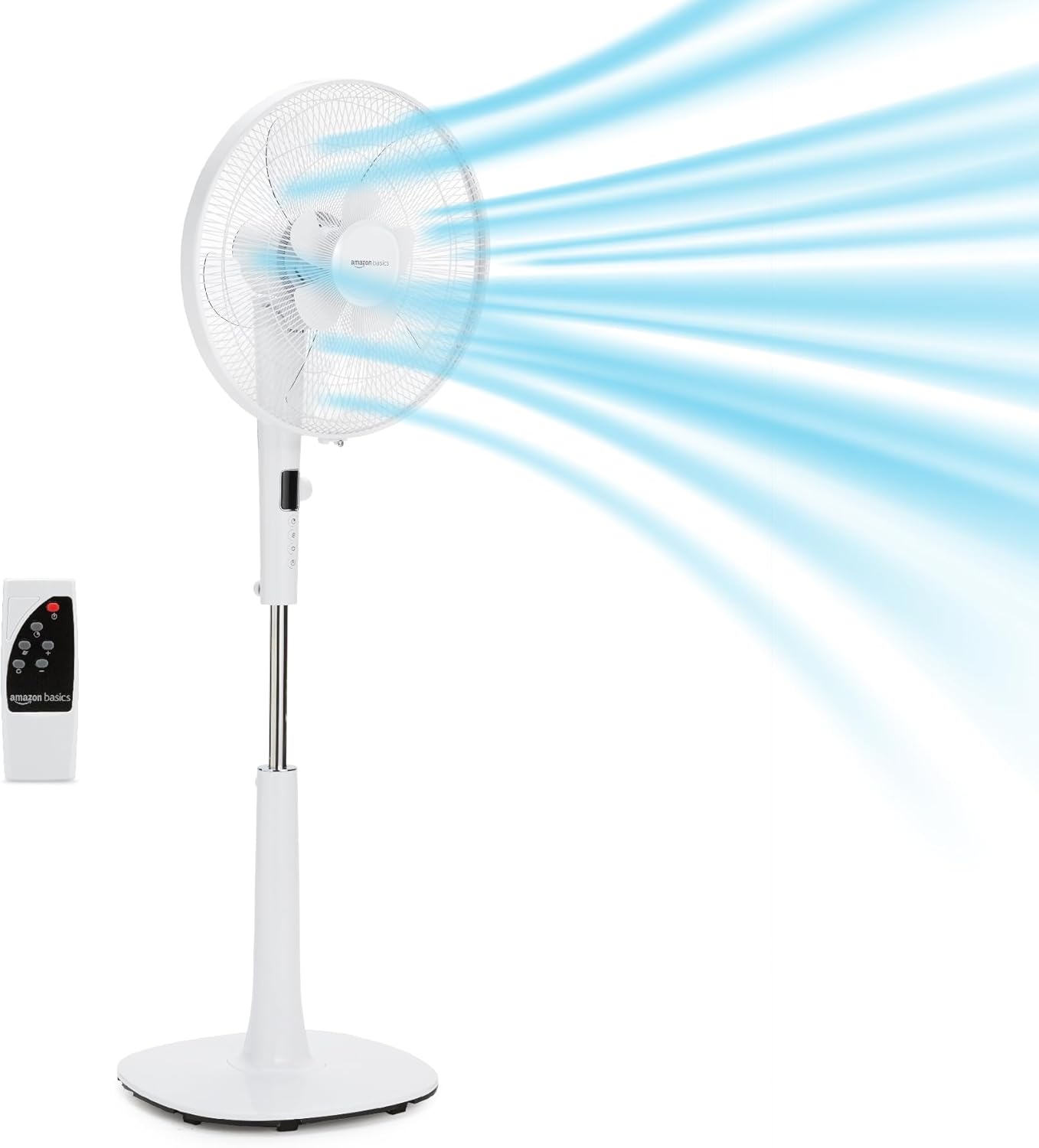 Amazon Basics Ventilador de pedestal de 40.6 cm con control remoto para recámara sala u oficina, con 3 velocidades, 3 modos, temporizador, altura ajustable, cabezal inclinable, 60 W, negro