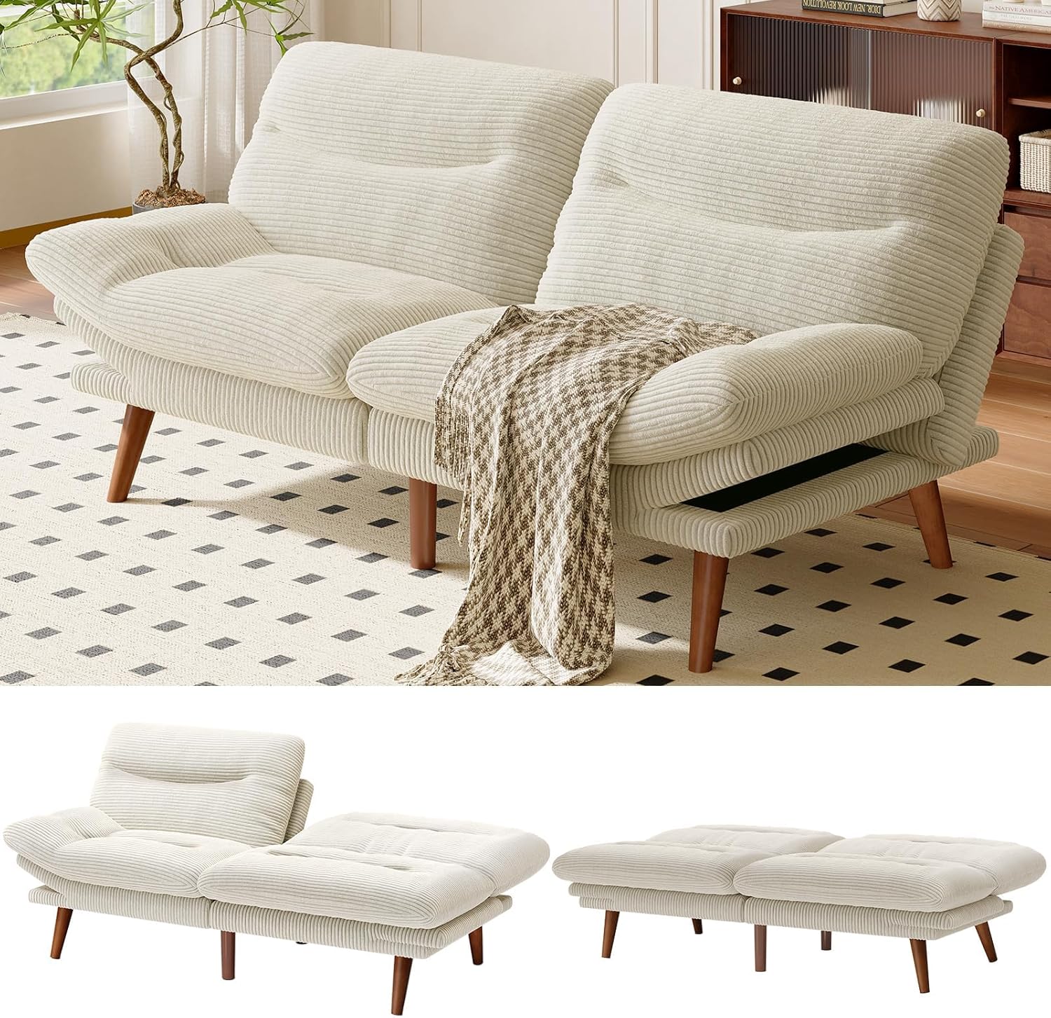 AMADA Sofá Cama Futón Convertible de 66", Juego de Futón Plegable de Pana con Respaldo y Reposabrazos Ajustables, Sillón Reclinable para Sala de Estar, Departamento u Oficina, Marco de Madera Sólida