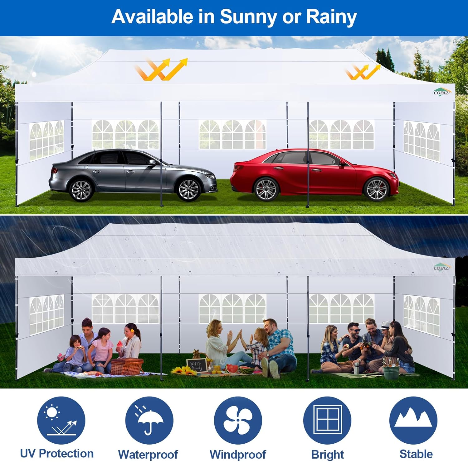 COBIZI - Toldo desplegable de 10 x 20 Pulgadas con 6 Paredes Laterales, toldo Impermeable para Eventos al Aire última intervensión, UPF 50+ cenador portátil para Fiestas, Playa, Camping, Boda,