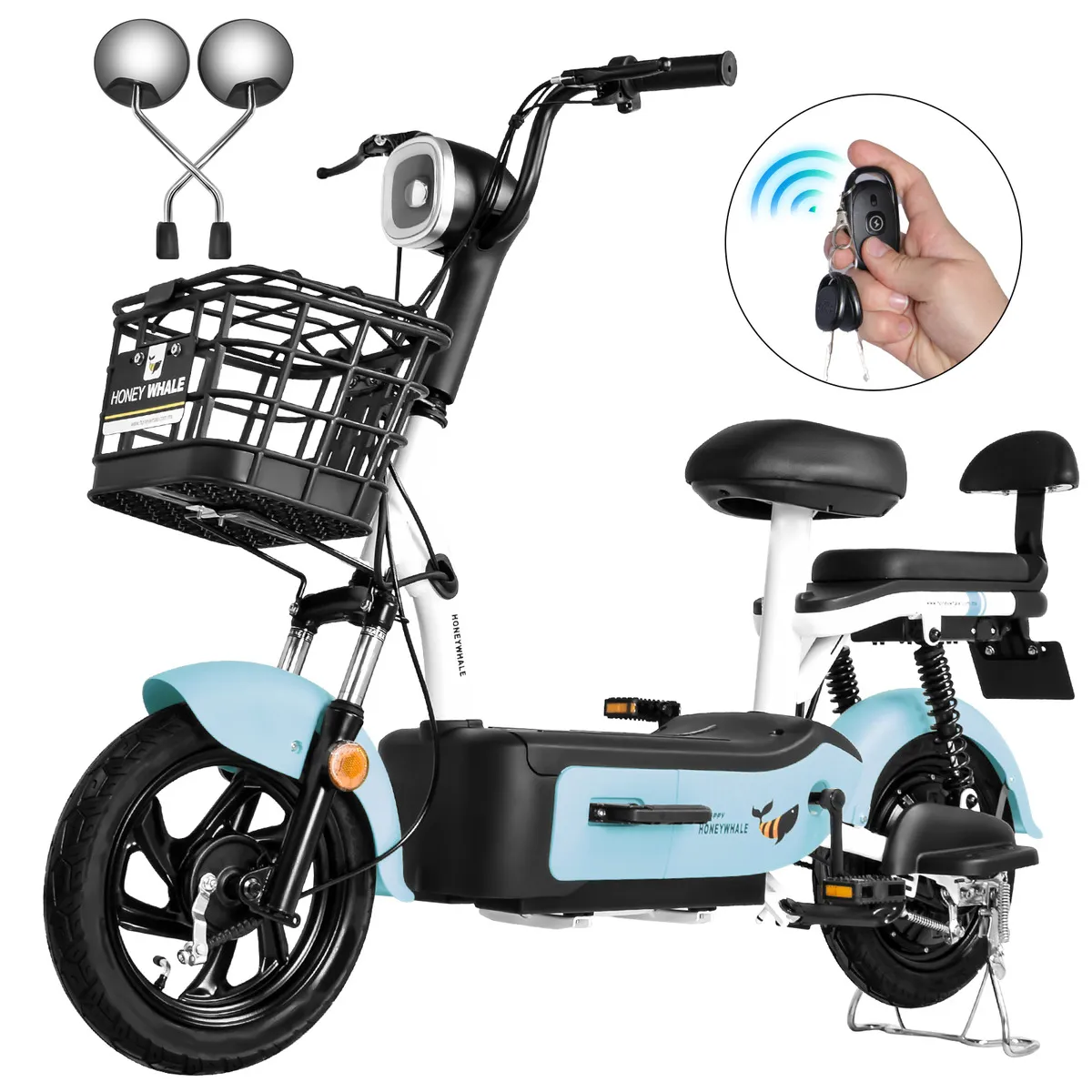 HONEY WHALE U1S Bicicleta Eléctrica 31KM/H-650W-65KM-20AH-(MAX)Velocidad-Potencia-Autonomía-Capacidad de la Batería, Moto Bici, Dos Asientos, Amortiguación de doble muelle HONEYWHALE