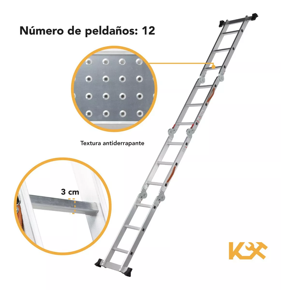 Escalera De Aluminio Multiposiciones Plegable KMEM35 Kingsman De 3.5 Metros Con 12 Peldaños Y Charolas Tipo Tijera Andamio Para 150 kg