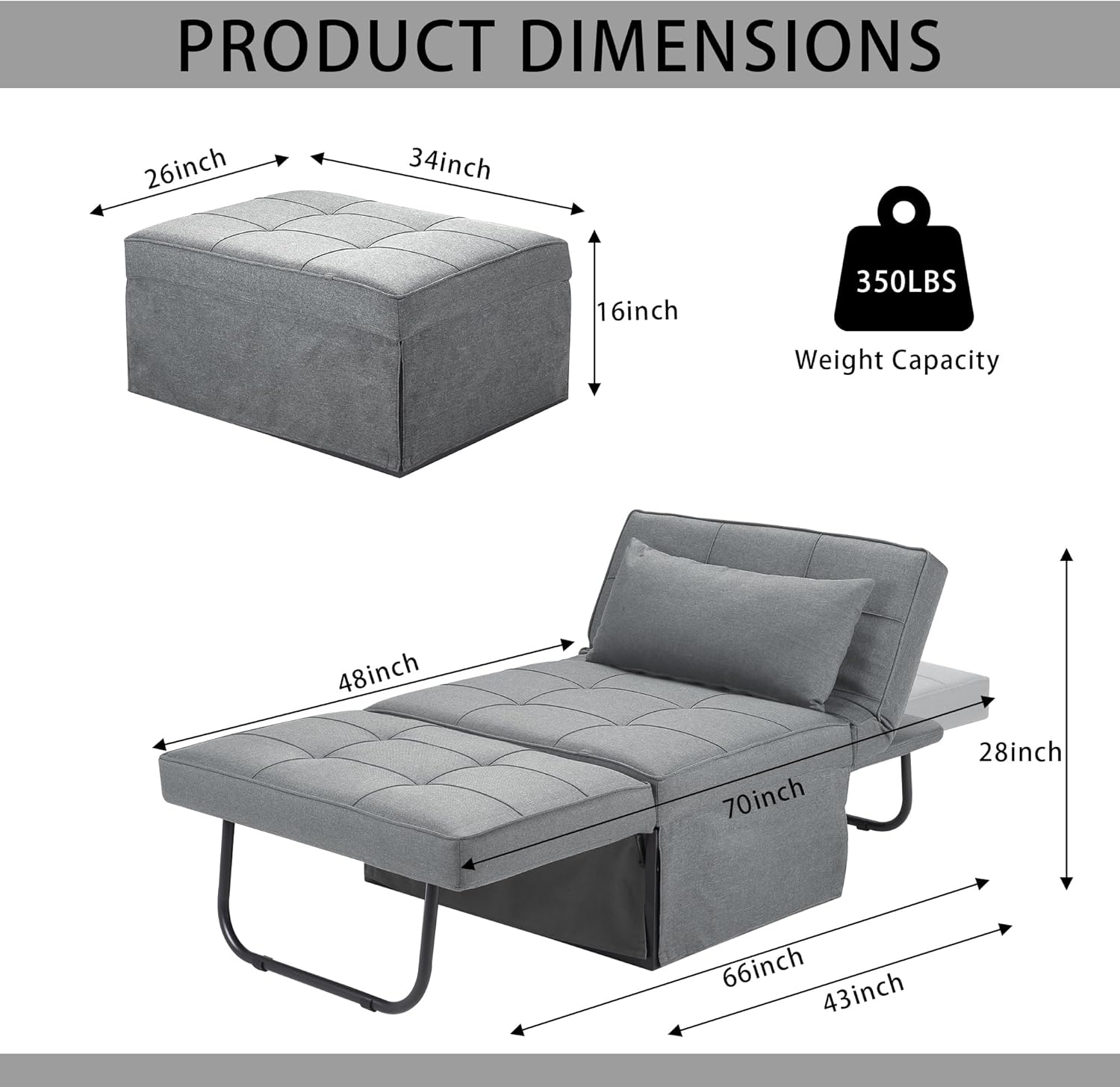 Sofá Cama, Cama otomana Plegable multifunción 4 en 1, Moderna Silla Convertible con Respaldo Ajustable, para Sala de Estar, Departamento pequeño, Gris Claro