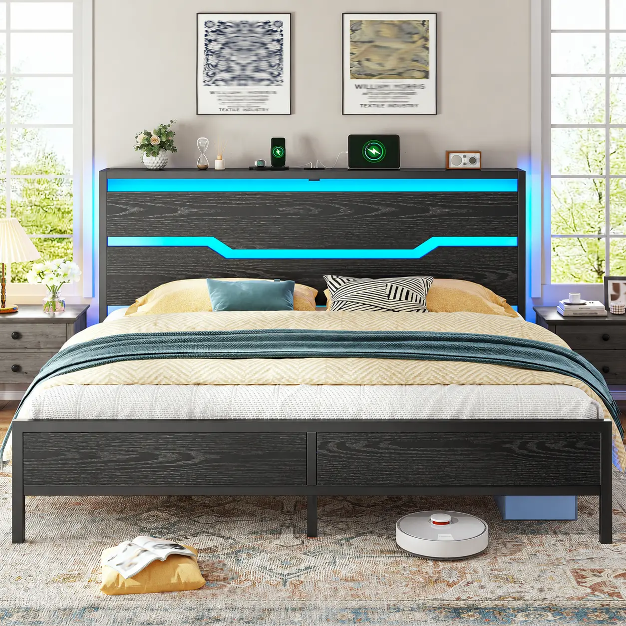 Estructura de cama Raybee con luces LED (tamaños Queen, King y Full), cabecero y estante de almacenamiento; diseño moderno e industrial de madera y metal con estación de carga integrada; silenciosa y resistente (capacidad de 900 libras); incluye somier de