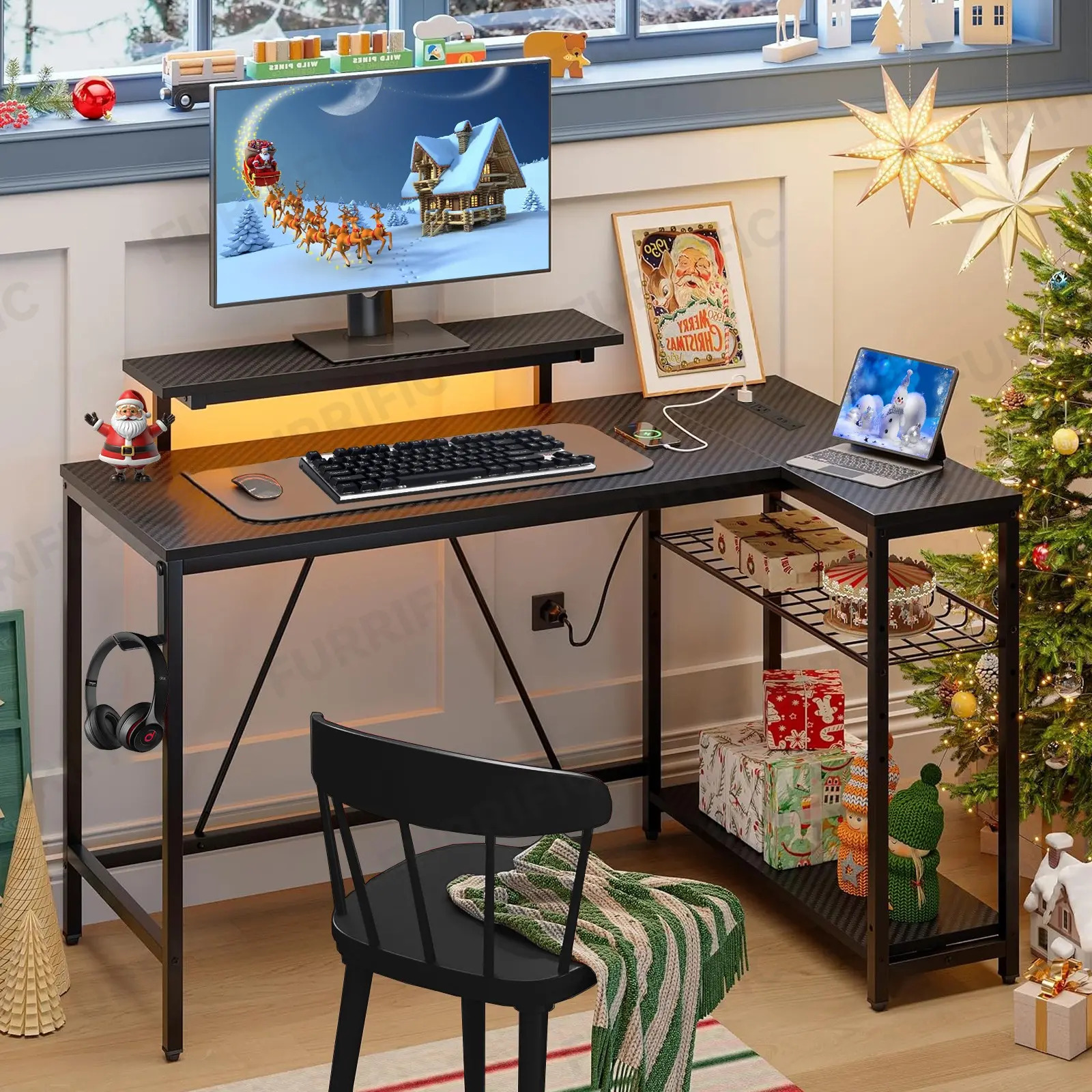 Furrific®escritorio Gamer En L Con Luz Led Y Regleta Enchufe